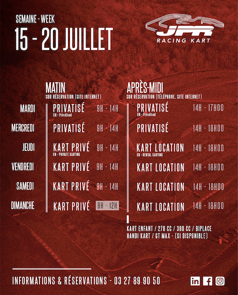 Planning Racing Kart JPR - Semaine du 15 au 20 Juillet